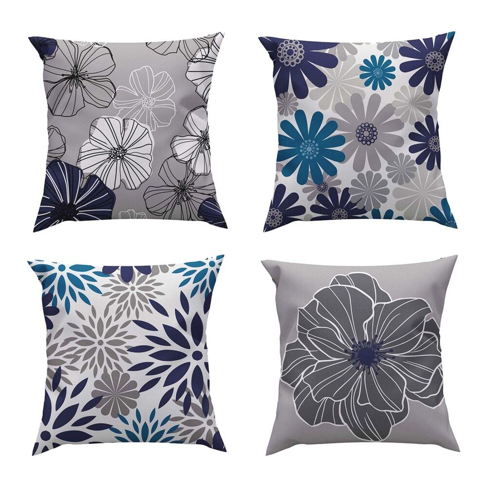 Set of 4, 18" x 18" Decorative Throw Pillow Covers (Blue Floral)